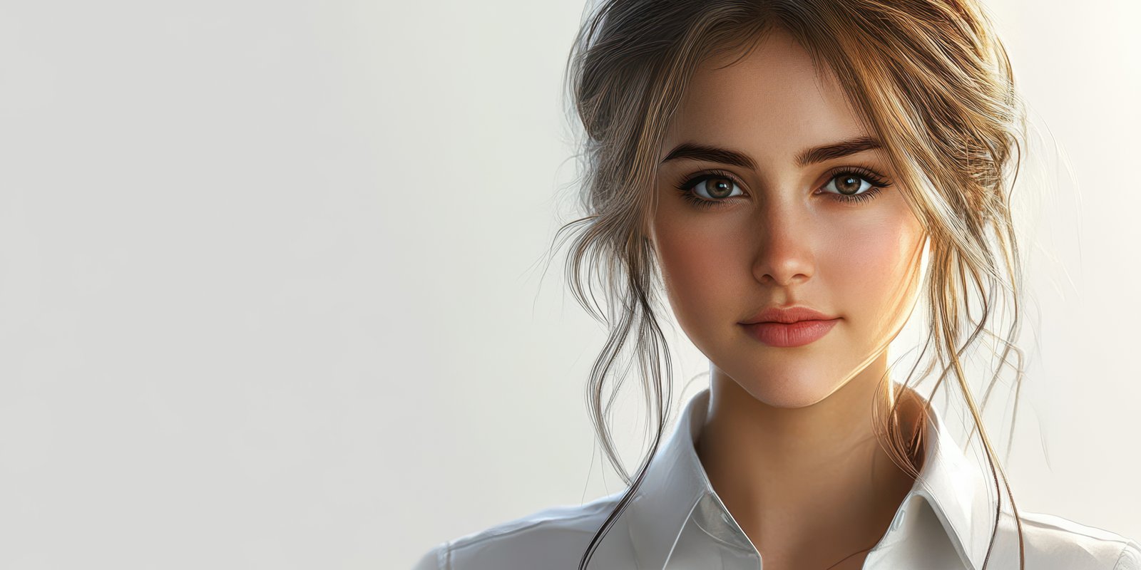 Woman with natural beauty poses against a soft background in a elegant white shirt, showcasing grace and confidence